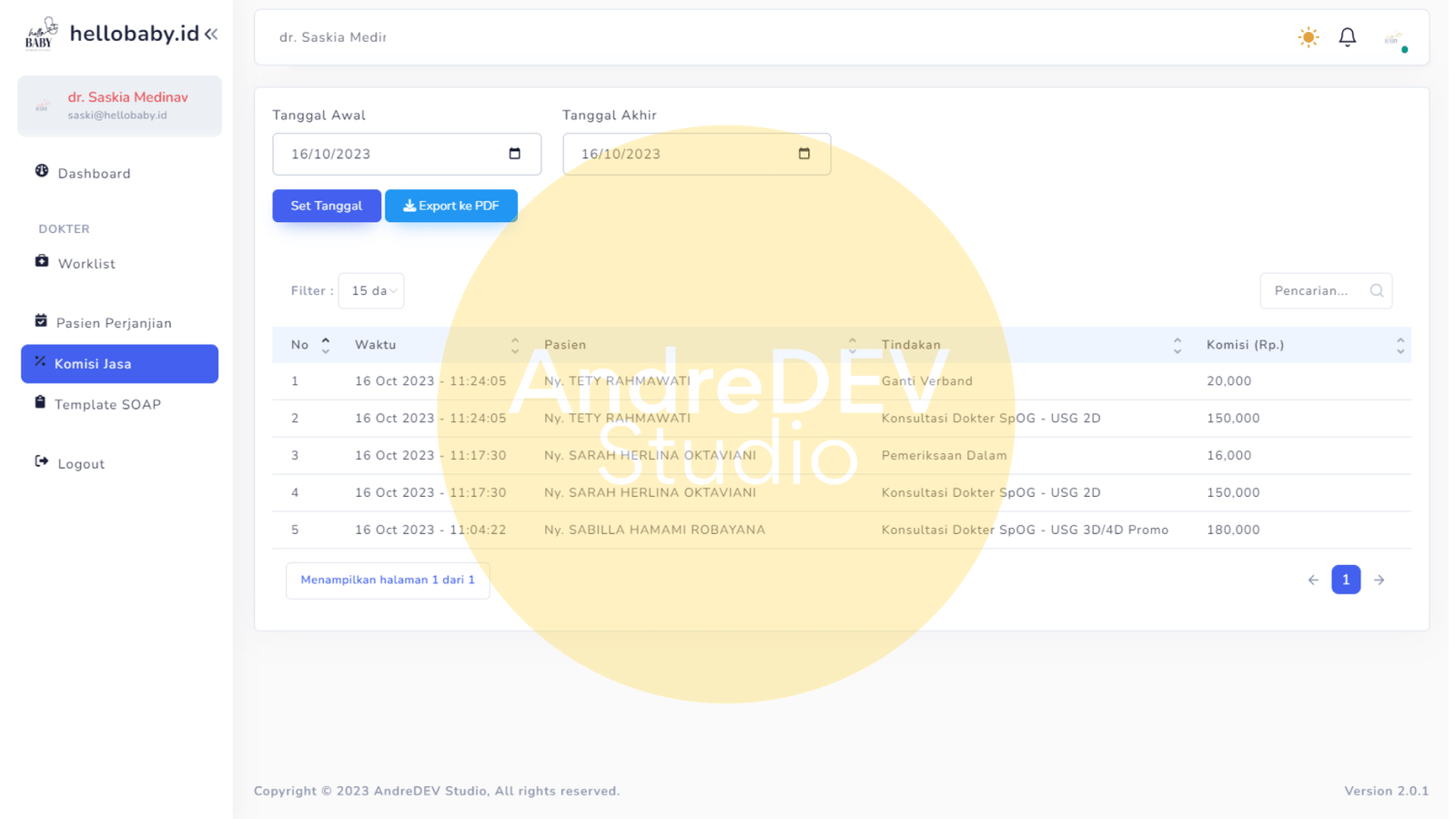 Tampilan Komisi Jasa Dokter