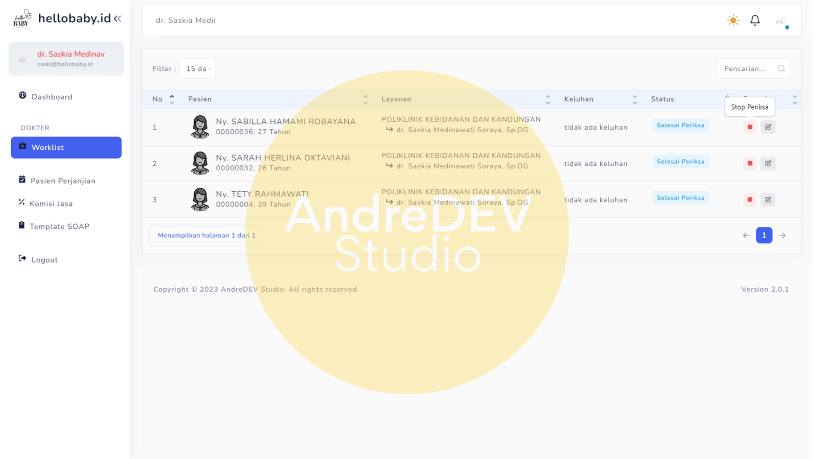 Tampilan Worklist Dokter